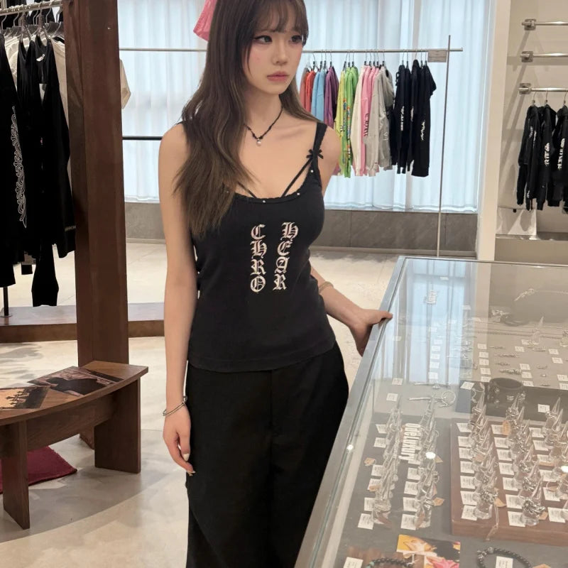 American Retro Rhinestone Letter Printed Camisole Vest For Women Slim Fit And Slimming Top 2026 Summer New